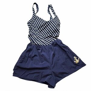 Gabar 90s Vintage Nautical Rockabilly One Piece Blue/White Bathing Suit Sz 12